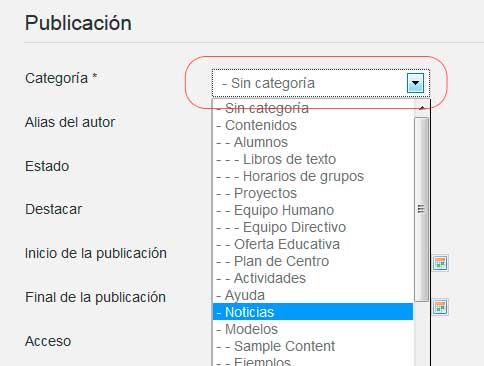 Selector de categorías de los artículos